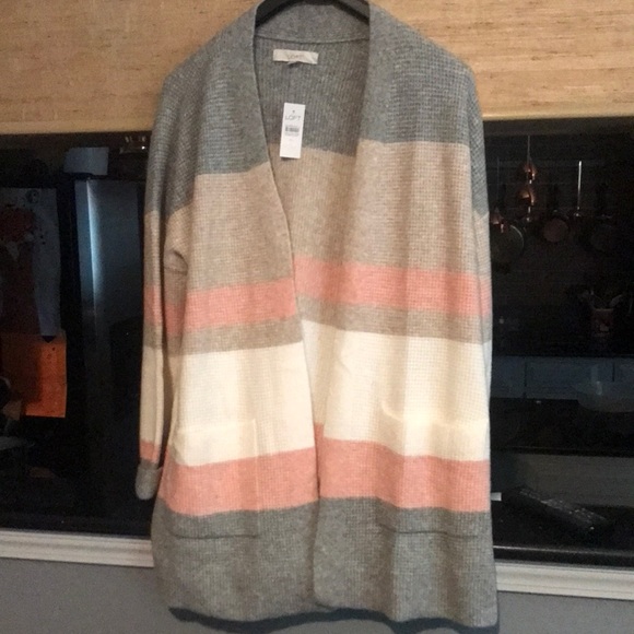 LOFT Sweaters - Loft pastel tones of gray tan pink & white long open cardigan NWT